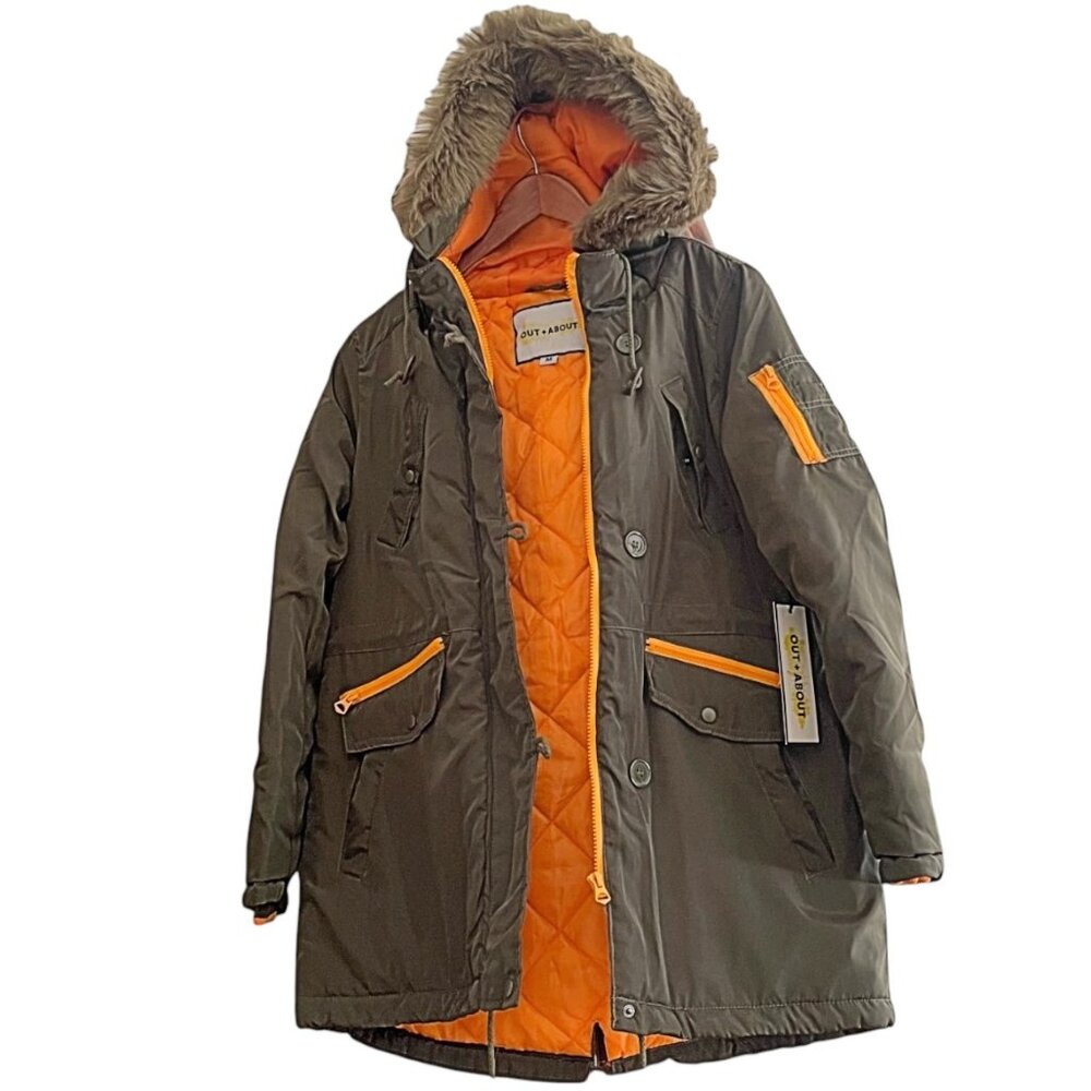 Out & About Heavyweight Faux Fur Hood Parka Olive/Orange Coat – Warm & Durable - Picture 3 of 7
